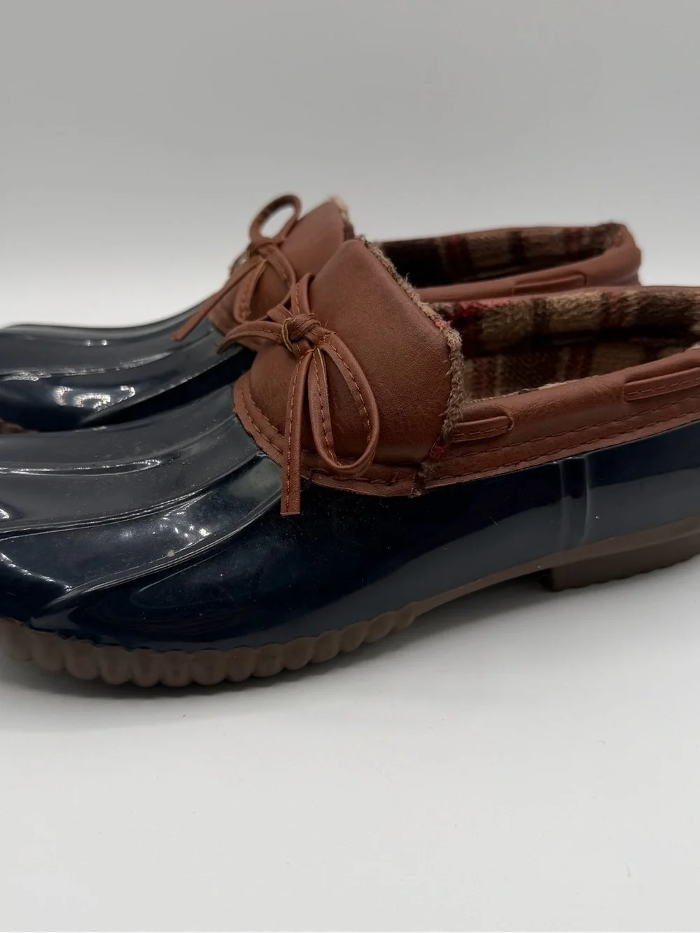 Jessica Carlyle Helene Duck Rain Clogs Plaid Lined Women’s 10 Navy Brown